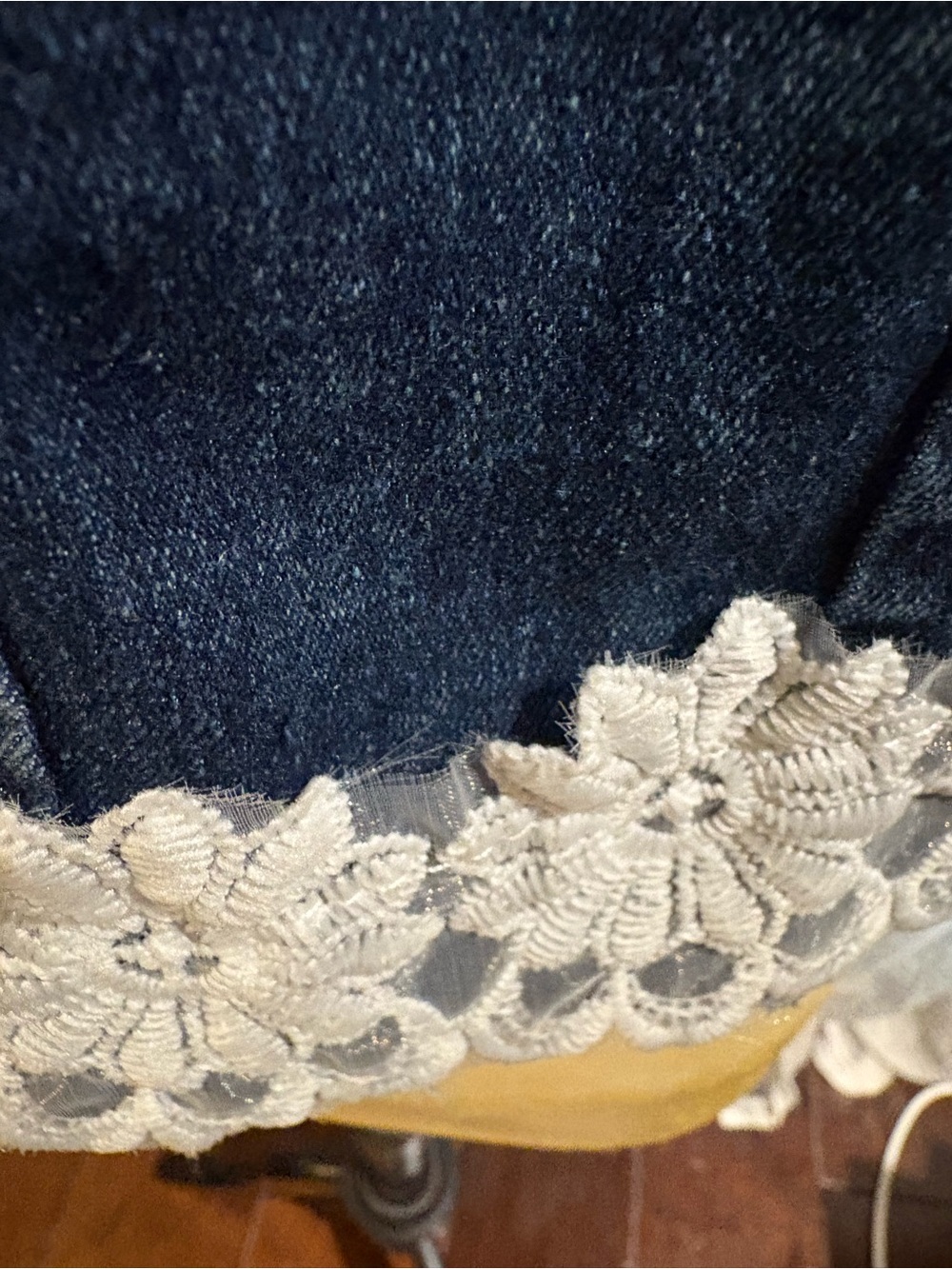 Dark Blue Denim Jacket with Pearl Trim and Lace Hem - Picture 2 of 4